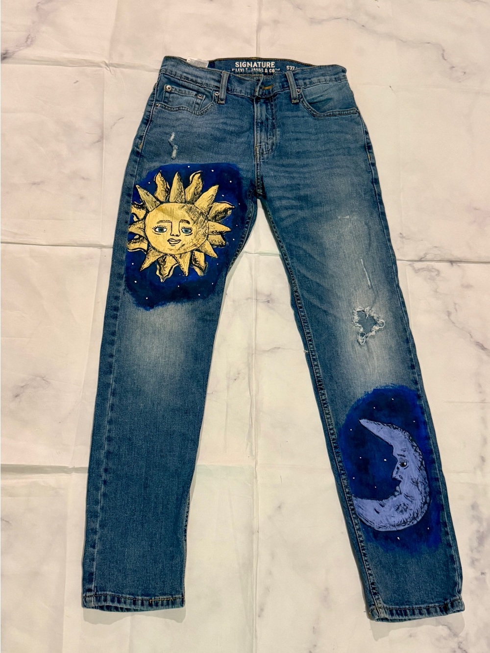 SIGNATURE Levi Strauss Co Blue Jeans with Yellow Sun and Purple Moon Artwork
